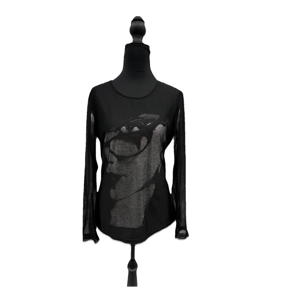 VTG Lana Lee Y2K Style Black Mesh Long Sleeve Metallic Face Top Womens S